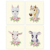 Girls Nursery Room Wall Art, Floral Roses Farm Animals Sheep Horse Llama Cow, Pastel Yellow-Set of 4-Andaz Press-