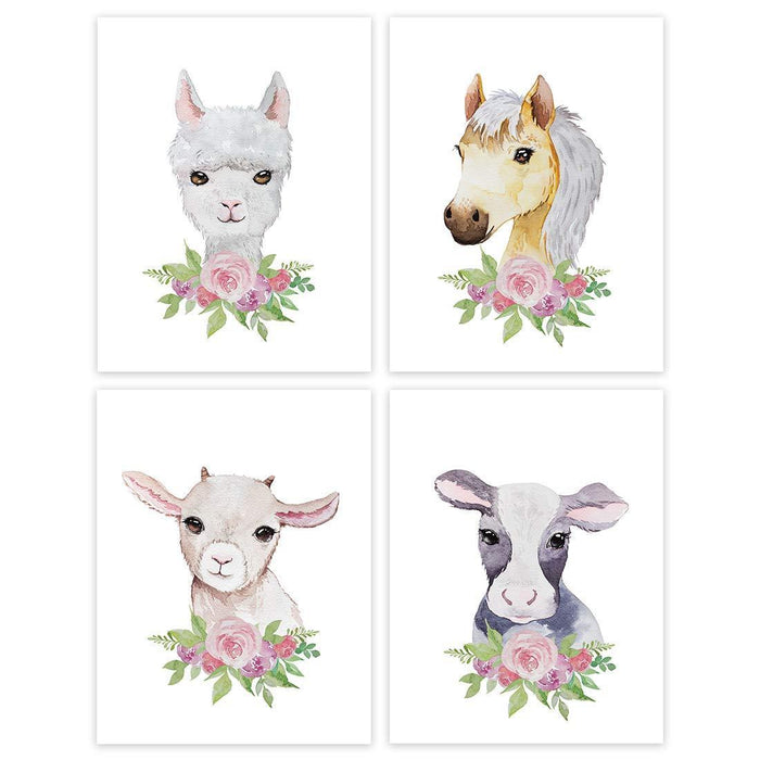 Girls Nursery Room Wall Art, Floral Roses Farm Animals Sheep Horse Llama Cow, White-Set of 4-Andaz Press-