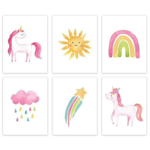 Girls Nursery Room Wall Art, Fun Unicorn Rainbow Sun Shooting Stars-Set of 6-Andaz Press-