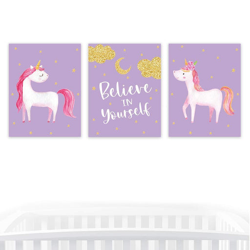 Girls Nursery Room Wall Art, Lavender Unicorn Believe in Yourself-Set of 3-Andaz Press-