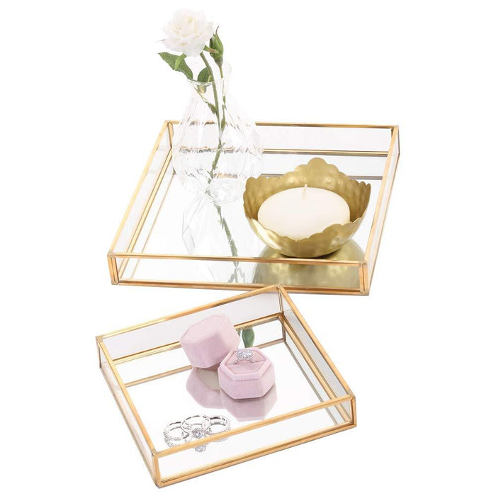 Glass Mirror Square Trays Vanity Set-Set of 2-Koyal Wholesale-Gold-