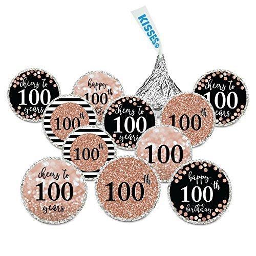Glitzy Faux Rose Gold Glitter Milestone Chocolate Drop Labels-Set of 216-Andaz Press-Cheers to 100 Years-