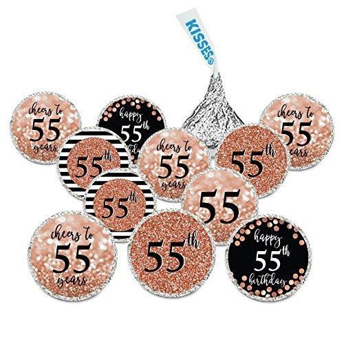 Glitzy Faux Rose Gold Glitter Milestone Chocolate Drop Labels-Set of 216-Andaz Press-Cheers to 55 Years-