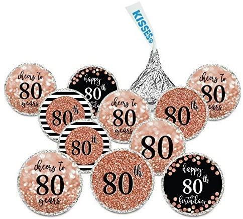 Glitzy Faux Rose Gold Glitter Milestone Chocolate Drop Labels-Set of 216-Andaz Press-Cheers to 80 Years-