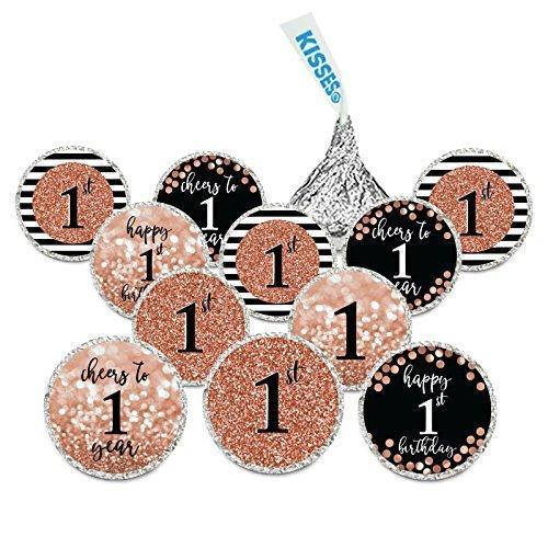 Glitzy Faux Rose Gold Glitter Milestone Chocolate Drop Labels-Set of 216-Andaz Press-Cheers to 1 Years-