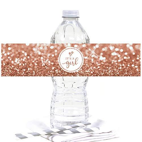 Glitzy Faux Rose Gold Glitter Water Bottle Baby Shower Labels, It's a Girl!-set of 20-Andaz Press-