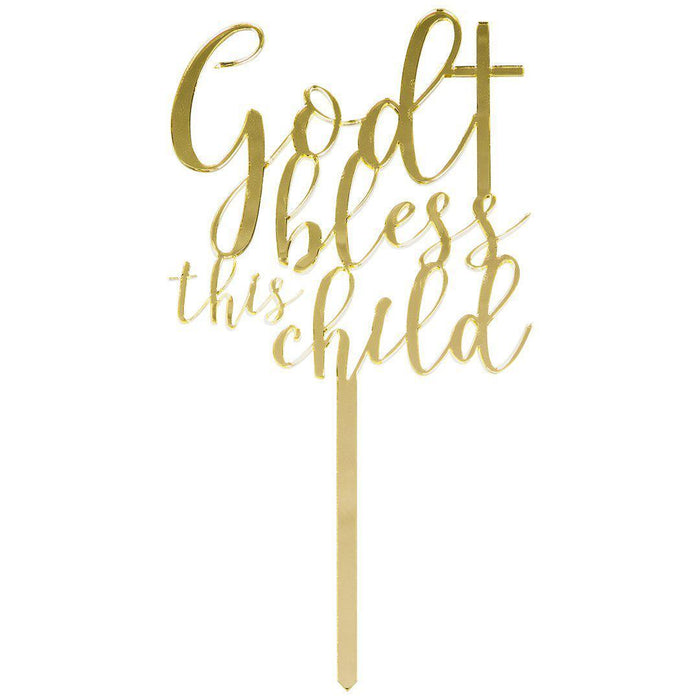 God Bless This Child Baptism Mirror Acrylic Cake Toppers-Set of 1-Andaz Press-Gold-
