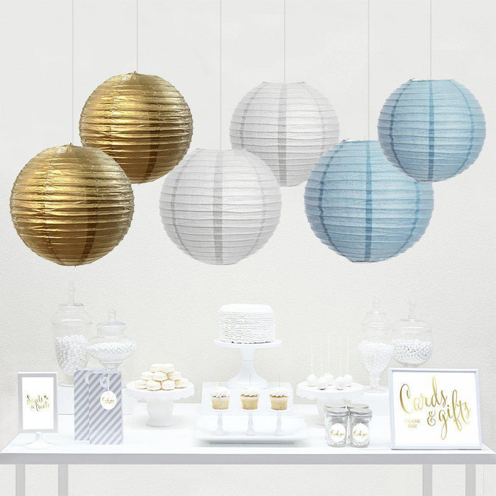 Gold, Baby Blue, White Hanging Paper Lanterns Decorative Kit-Set of 6-Andaz Press-