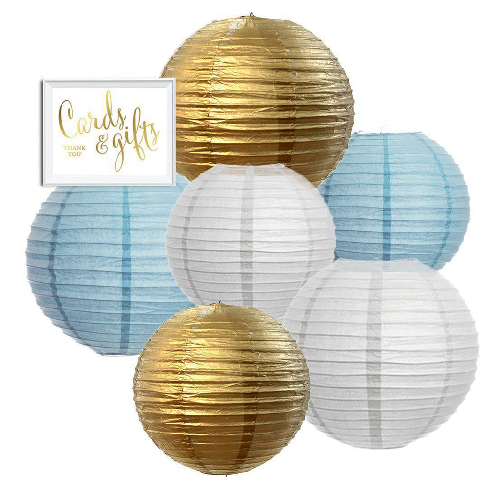 Gold, Baby Blue, White Hanging Paper Lanterns Decorative Kit-Set of 6-Andaz Press-