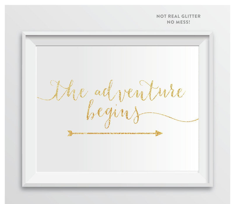 Gold Faux Glitter Wedding Party Directional Signs, Double-Sided Big Arrow-Set of 1-Andaz Press-The Adventure Begins-