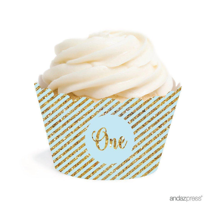 Gold Glitter 1st Birthday Cupcake Wrappers-Set of 24-Andaz Press-Light Blue-
