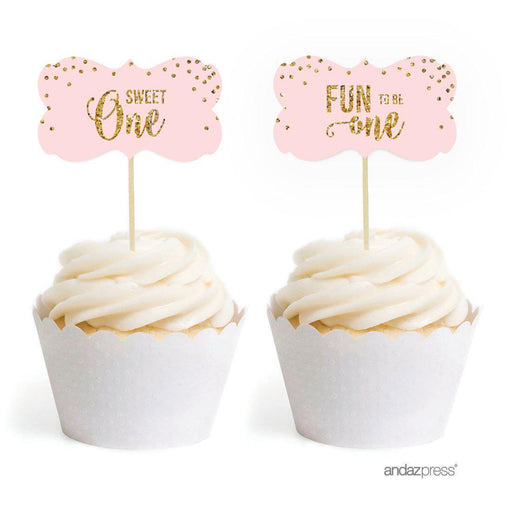 Gold Glitter 1st Birthday Fancy Frame Cupcake Topper DIY Party Favors Kit-Set of 20-Andaz Press-Pink-