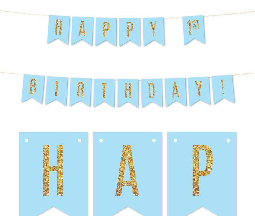 Gold Glitter 1st Birthday Hanging Pennant Party Banner-Set of 1-Andaz Press-Baby Blue-