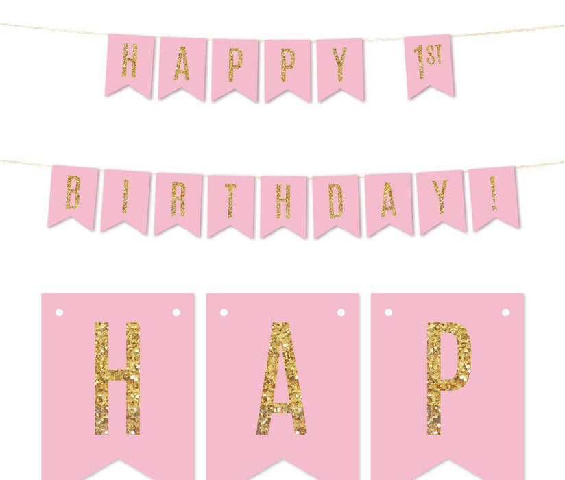 Gold Glitter 1st Birthday Hanging Pennant Party Banner-Set of 1-Andaz Press-Pink-