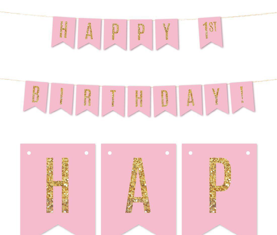 Gold Glitter 1st Birthday Hanging Pennant Party Banner-Set of 1-Andaz Press-Pink-