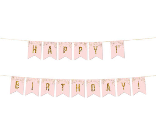Gold Glitter 1st Birthday Party Pennant Banner-Set of 1-Andaz Press-Pink-Fun to Be One-