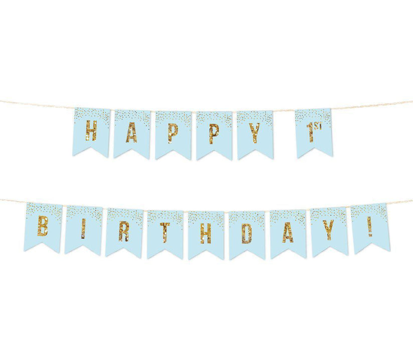 Gold Glitter 1st Birthday Party Pennant Banner-Set of 1-Andaz Press-Light Blue-1st Birthday-