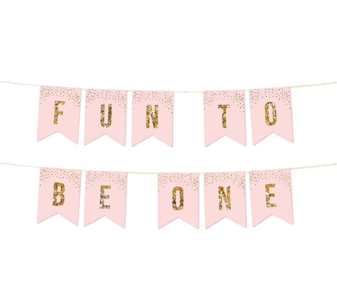 Gold Glitter 1st Birthday Party Pennant Banner-Set of 1-Andaz Press-Pink-Fun to Be One-