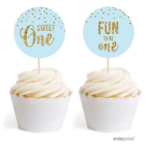 Gold Glitter 1st Birthday Round Cupcake Topper DIY Party Favors Kit-Set of 20-Andaz Press-Light Blue-