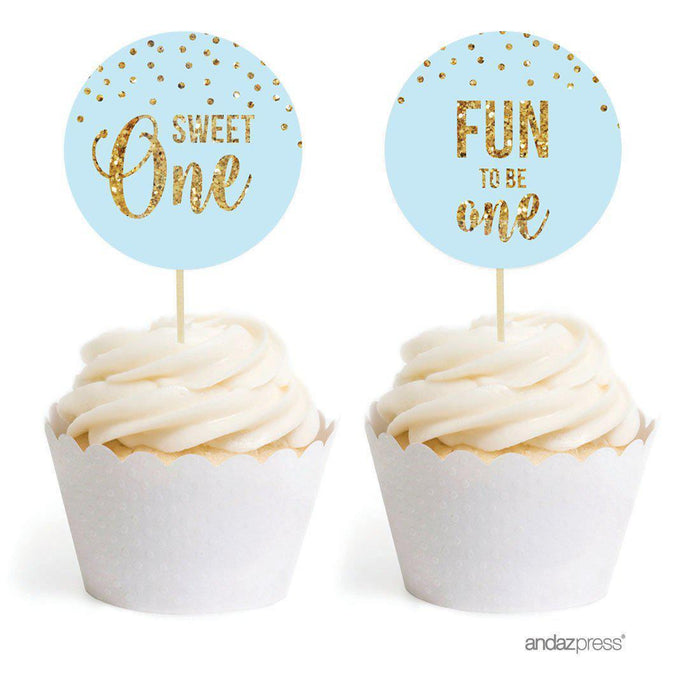 Gold Glitter 1st Birthday Round Cupcake Topper DIY Party Favors Kit-Set of 20-Andaz Press-Light Blue-
