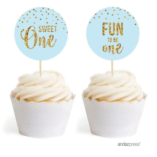 Gold Glitter 1st Birthday Round Cupcake Topper DIY Party Favors Kit-Set of 20-Andaz Press-Light Blue-