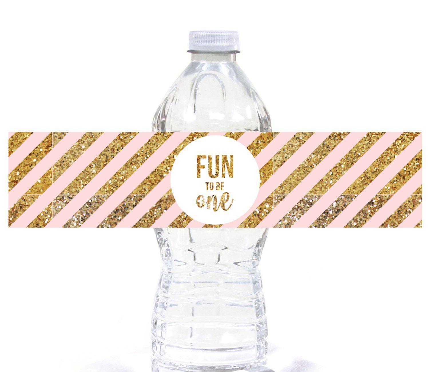 Gold Glitter 1st Birthday Water Bottle Label Stickers-Set of 20-Andaz Press-Pink-
