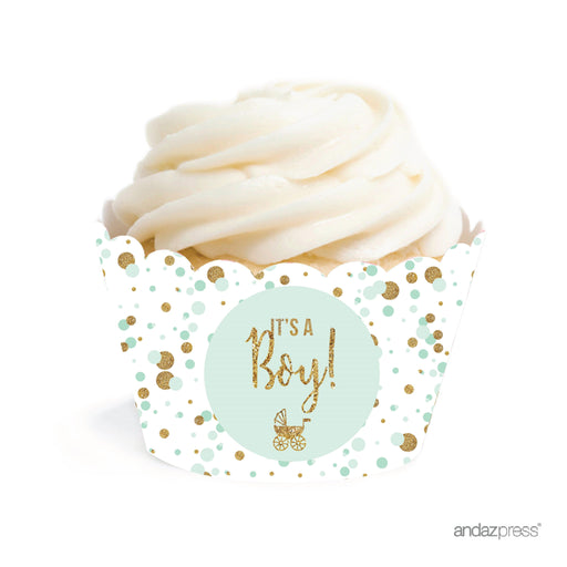 Gold Glitter Baby Shower Cupcake Wrappers-Set of 24-Andaz Press-Baby Blue-