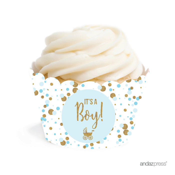 Gold Glitter Baby Shower Cupcake Wrappers-Set of 24-Andaz Press-Baby Blue-