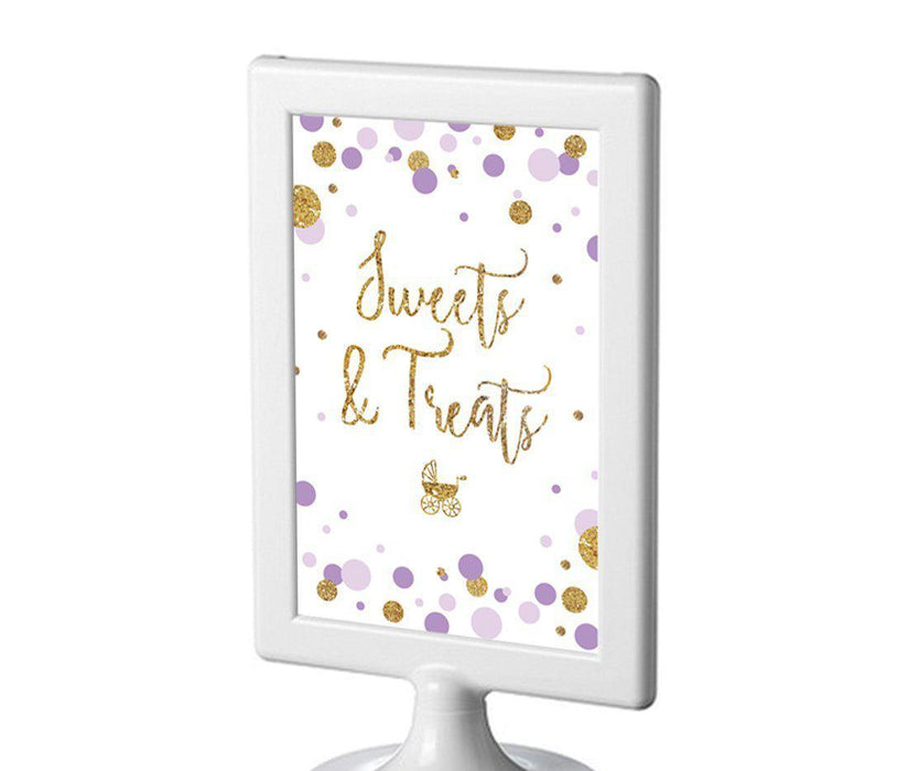 Gold Glitter Baby Shower Framed Party Signs-Set of 1-Andaz Press-Lavender-Sweets & Treats-