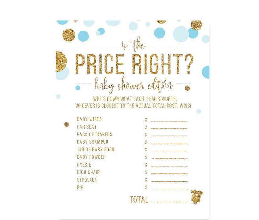 Gold Glitter Baby Shower Games & Activities-Set of 20-Andaz Press-Baby Blue-Is The Price Right? Game-