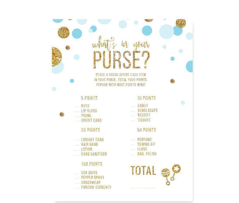 Gold Glitter Baby Shower Games & Activities-Set of 20-Andaz Press-Baby Blue-What's in Your Purse? Game-