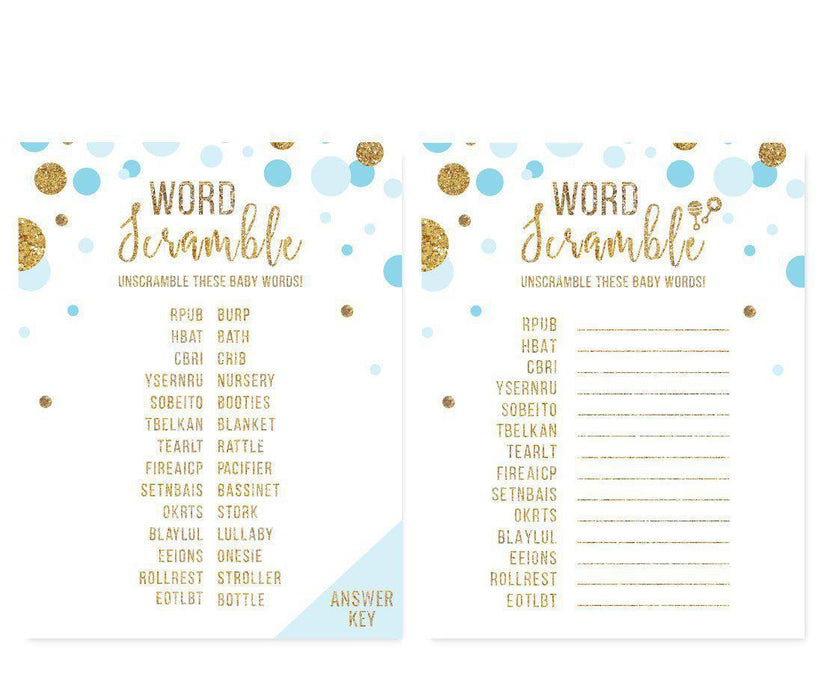 Gold Glitter Baby Shower Games & Activities-Set of 20-Andaz Press-Baby Blue-Word Scramble Game-