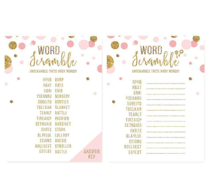 Gold Glitter Baby Shower Games & Activities-Set of 20-Andaz Press-Blush Pink-Word Scramble Game-
