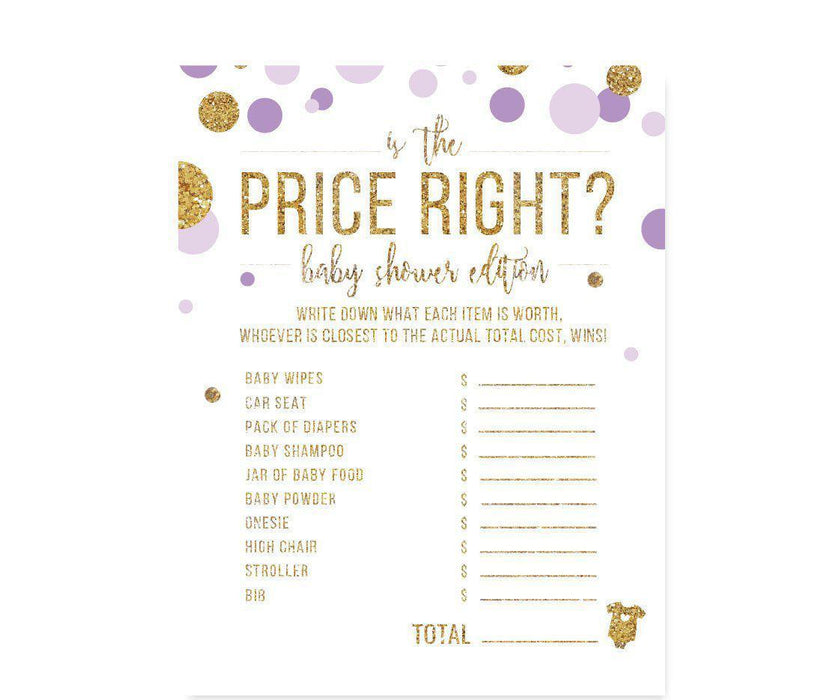 Gold Glitter Baby Shower Games & Activities-Set of 20-Andaz Press-Lavender-Is The Price Right? Game-