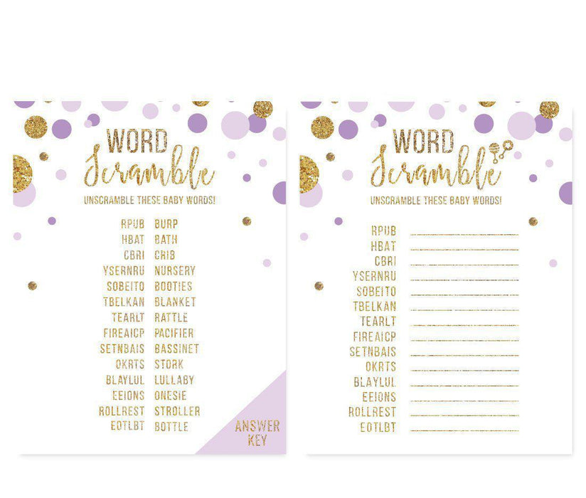 Gold Glitter Baby Shower Games & Activities-Set of 20-Andaz Press-Lavender-Word Scramble Game-