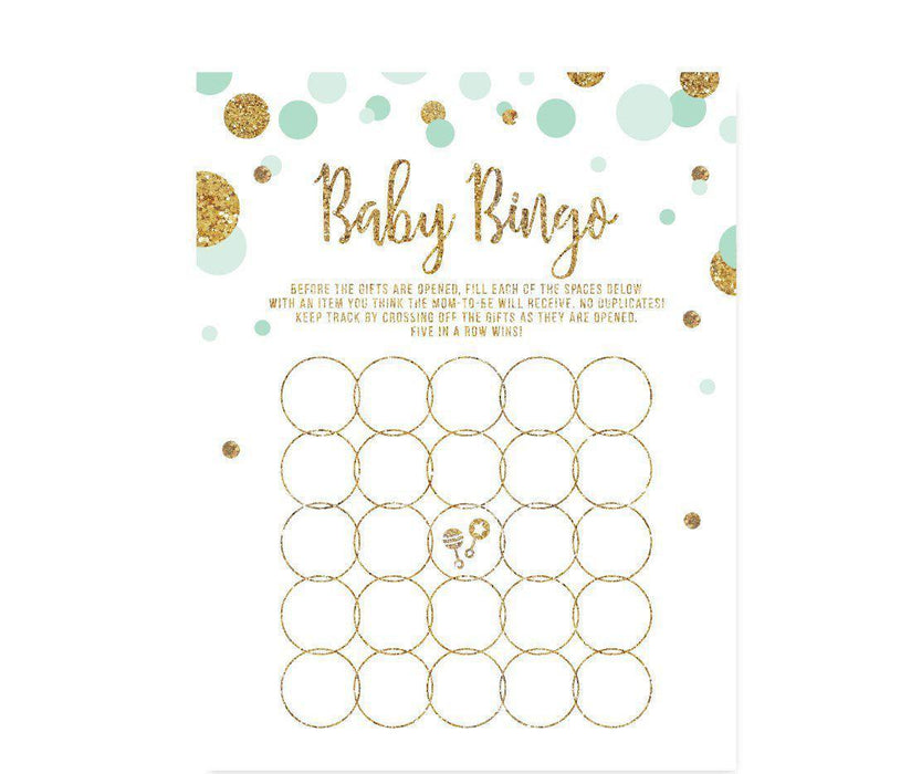 Gold Glitter Baby Shower Games & Activities-Set of 20-Andaz Press-Mint Green-Baby Bingo Game-