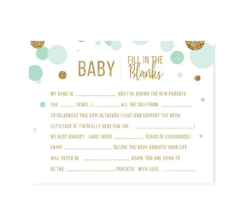 Gold Glitter Baby Shower Games & Activities-Set of 20-Andaz Press-Mint Green-Baby Fill in the Blanks-