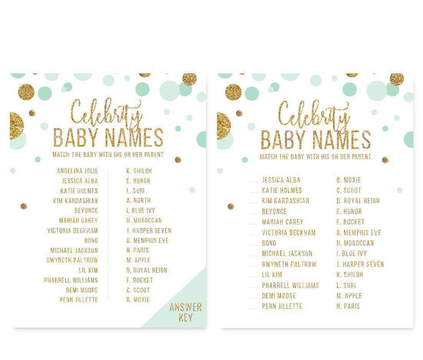 Gold Glitter Baby Shower Games & Activities-Set of 20-Andaz Press-Mint Green-Celebrity Name Game-