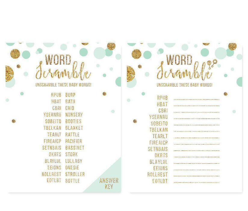 Gold Glitter Baby Shower Games & Activities-Set of 20-Andaz Press-Mint Green-Word Scramble Game-