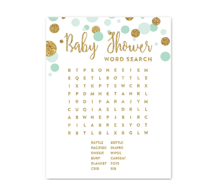 Gold Glitter Baby Shower Games & Activities, Word Search Cards-Set of 20-Andaz Press-Mint Green-
