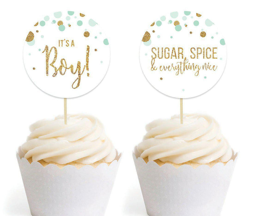 Gold Glitter Baby Shower Round Cupcake Topper DIY Party Favors Kit-Set of 20-Andaz Press-Mint Green-