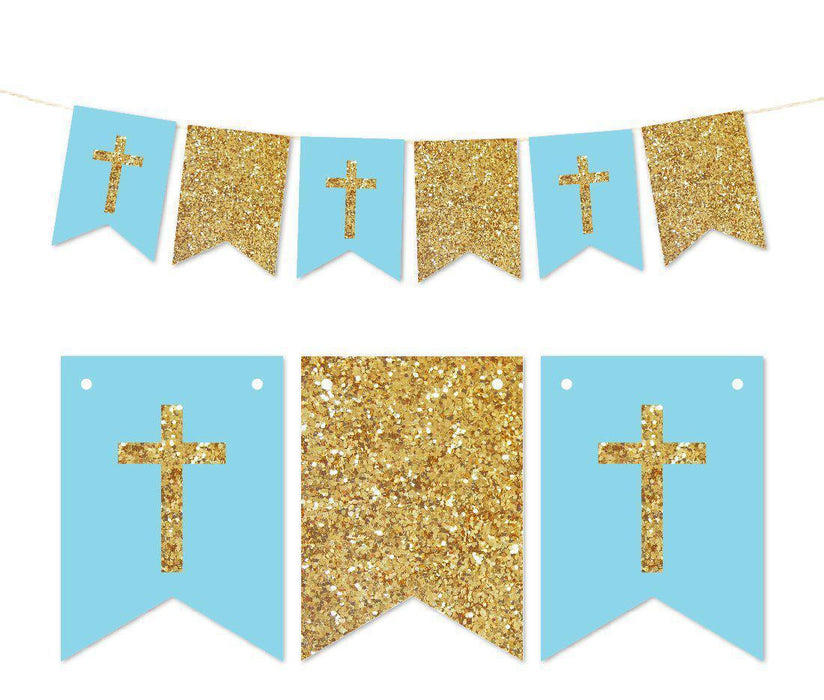 Gold Glitter Baptism Communion Christening Pennant Party Banner-Set of 1-Andaz Press-Baby Blue-