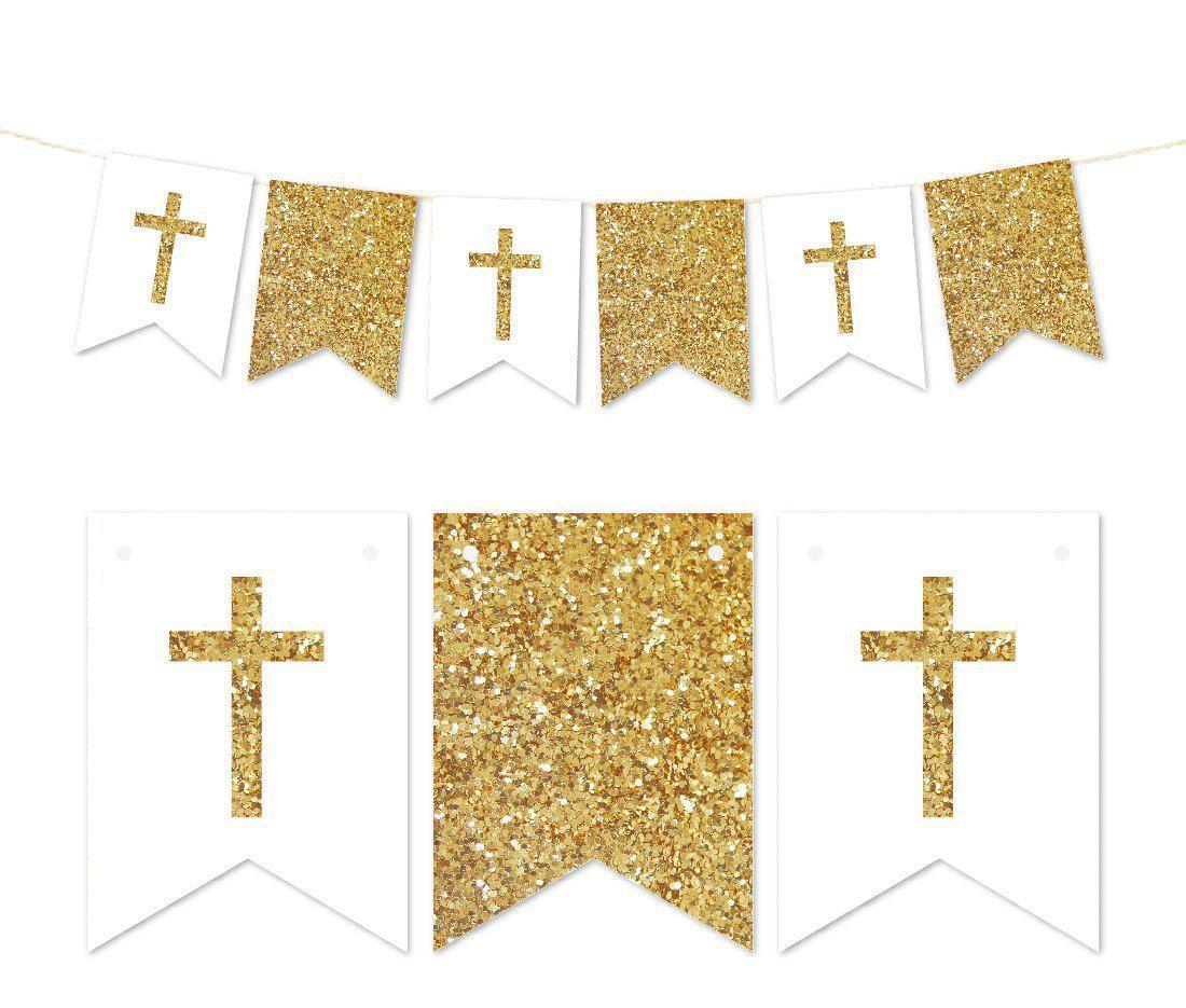 Gold Glitter Baptism Communion Christening Pennant Party Banner-Set of 1-Andaz Press-Gold-