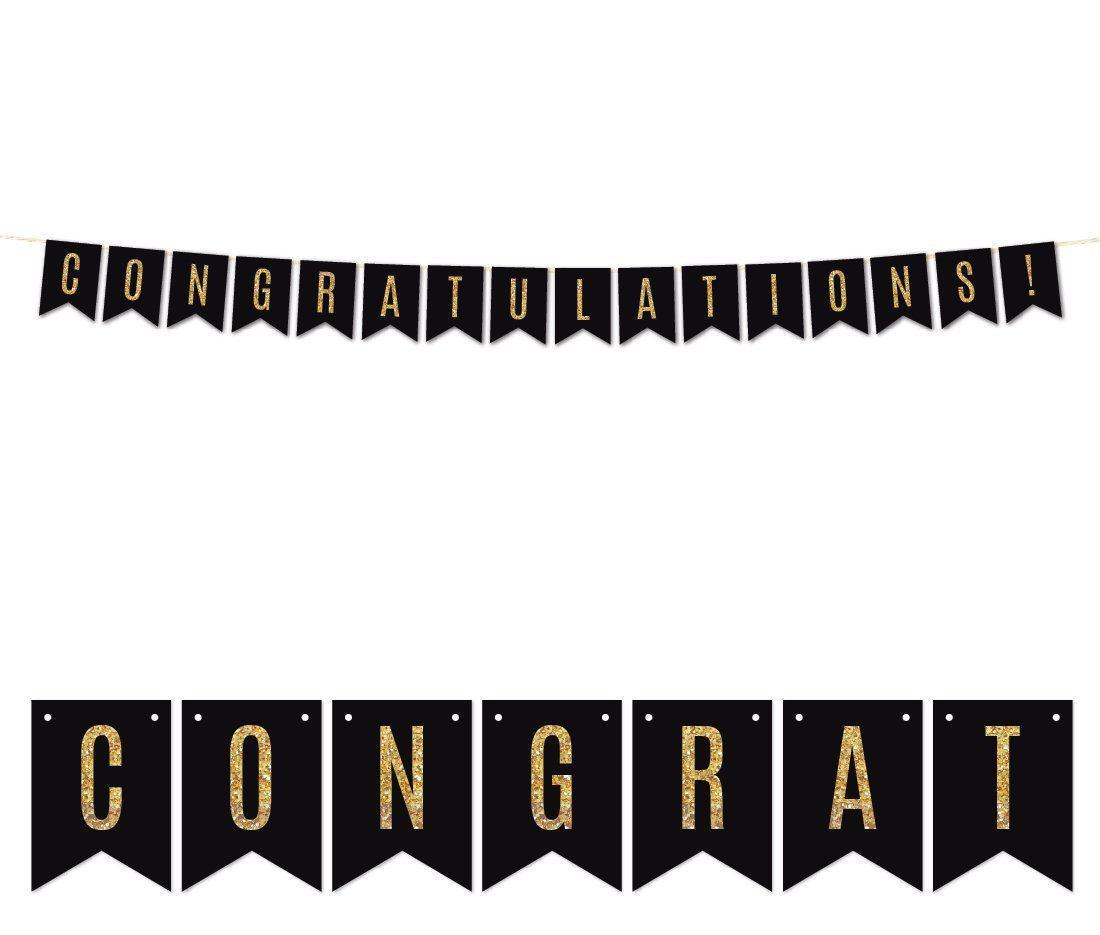 Gold Glitter Congratulations! Hanging Pennant Party Banner-Set of 1-Andaz Press-