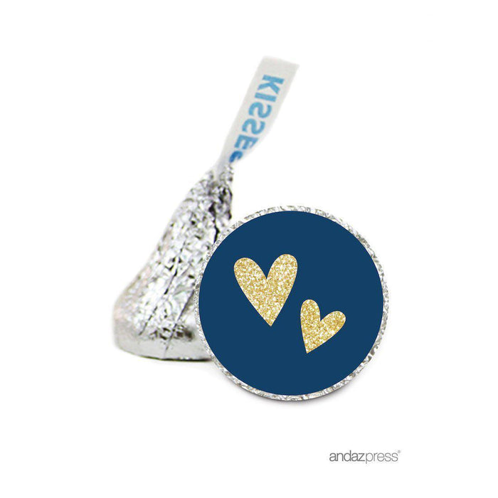 Gold Glitter Double Hearts Wedding Hershey's Kiss Stickers-Set of 216-Andaz Press-Navy Blue-