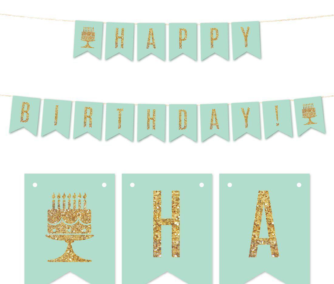 Gold Glitter Happy Birthday! Hanging Pennant Party Banner-Set of 1-Andaz Press-