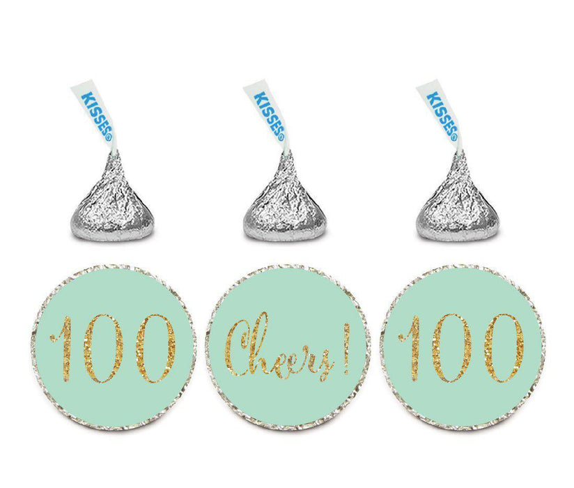 Gold Glitter Hershey's Kisses Stickers, Cheers 100, Happy 100th Birthday, Anniversary, Reunion-Set of 216-Andaz Press-White-