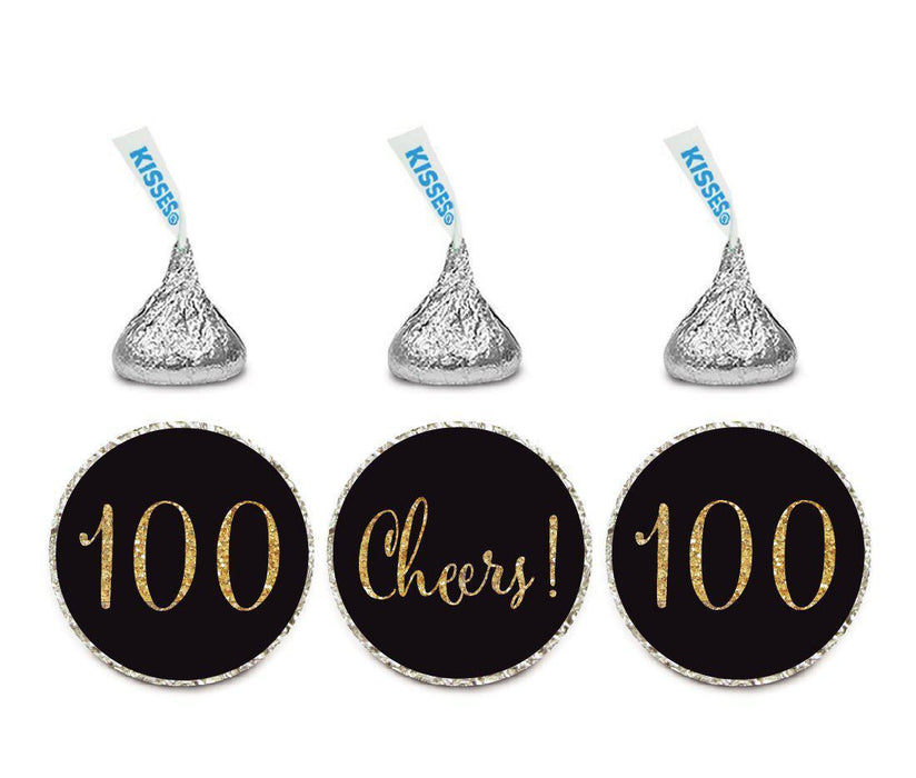 Gold Glitter Hershey's Kisses Stickers, Cheers 100, Happy 100th Birthday, Anniversary, Reunion-Set of 216-Andaz Press-White-