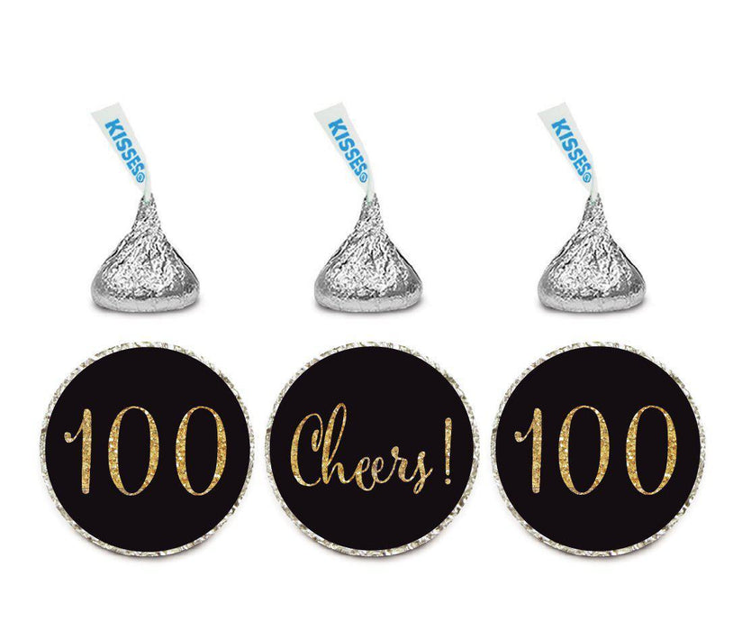 Gold Glitter Hershey's Kisses Stickers, Cheers 100, Happy 100th Birthday, Anniversary, Reunion-Set of 216-Andaz Press-Black-