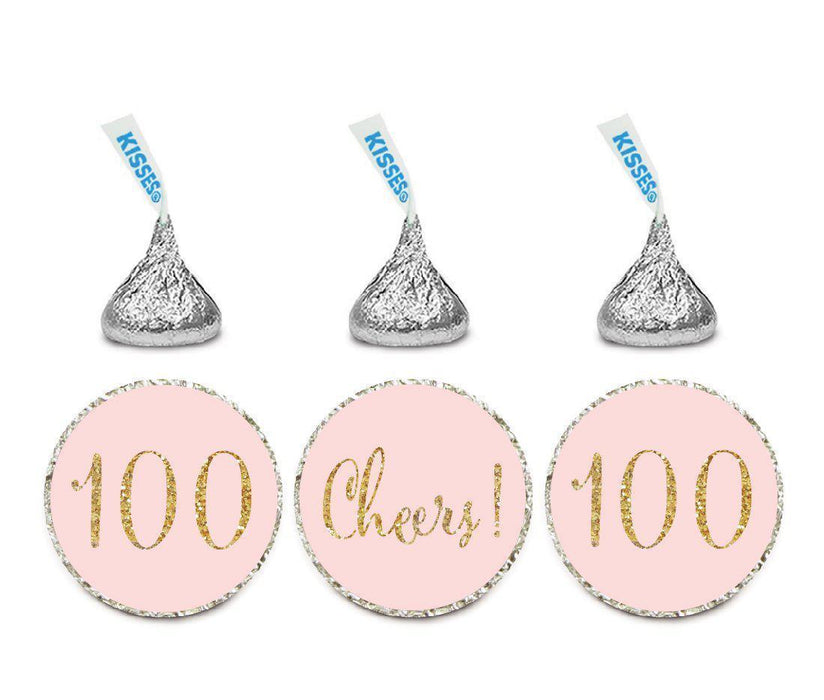 Gold Glitter Hershey's Kisses Stickers, Cheers 100, Happy 100th Birthday, Anniversary, Reunion-Set of 216-Andaz Press-Blush Pink-